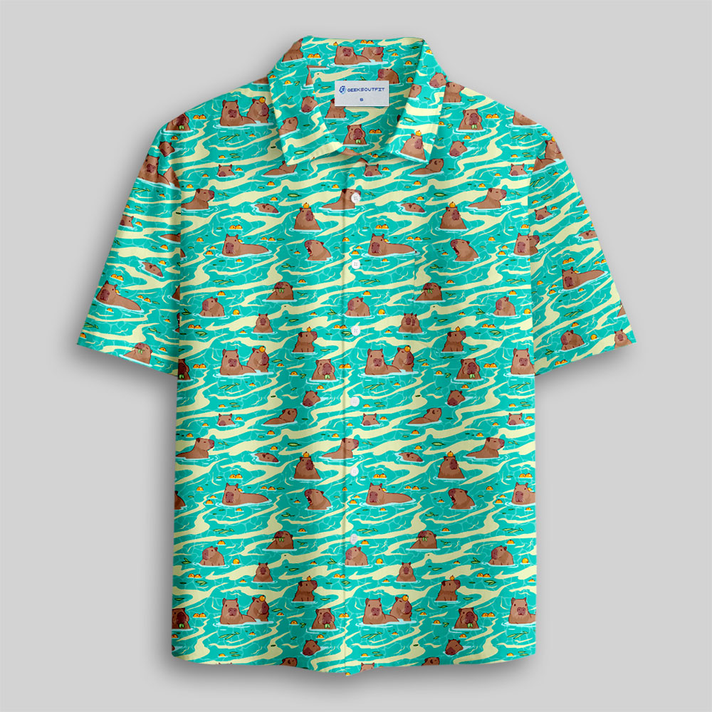 Capybara Swimming Hawaii Button Up Pocket Shirt