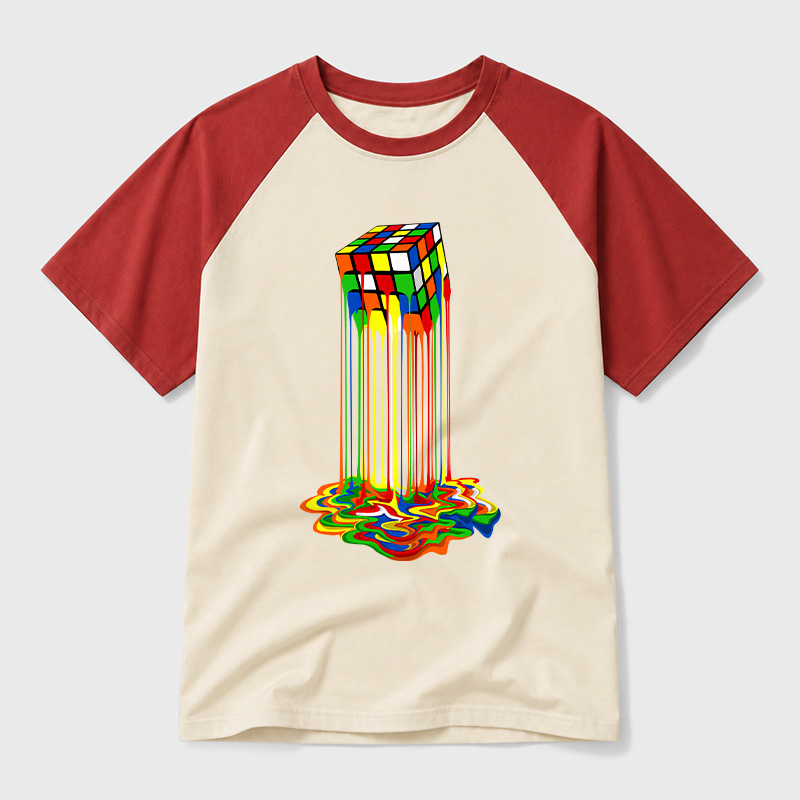 Rainbow Abstraction Melted Cube Geek Retro Raglan T-Shirt