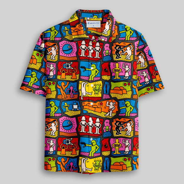Twin Suns & Galaxy Panels Pop Art Button Up Pocket Shirt