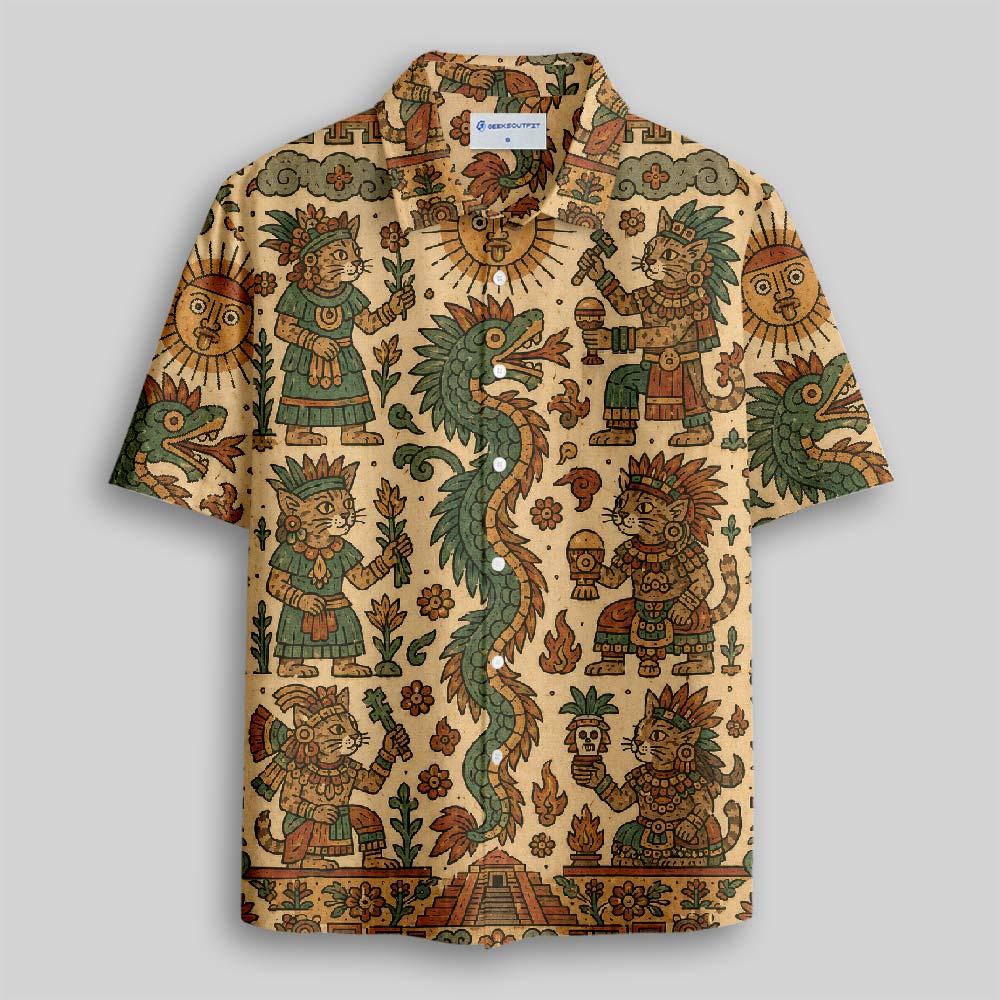 Feathered Serpent Cat Codex Button Up Pocket Shirt