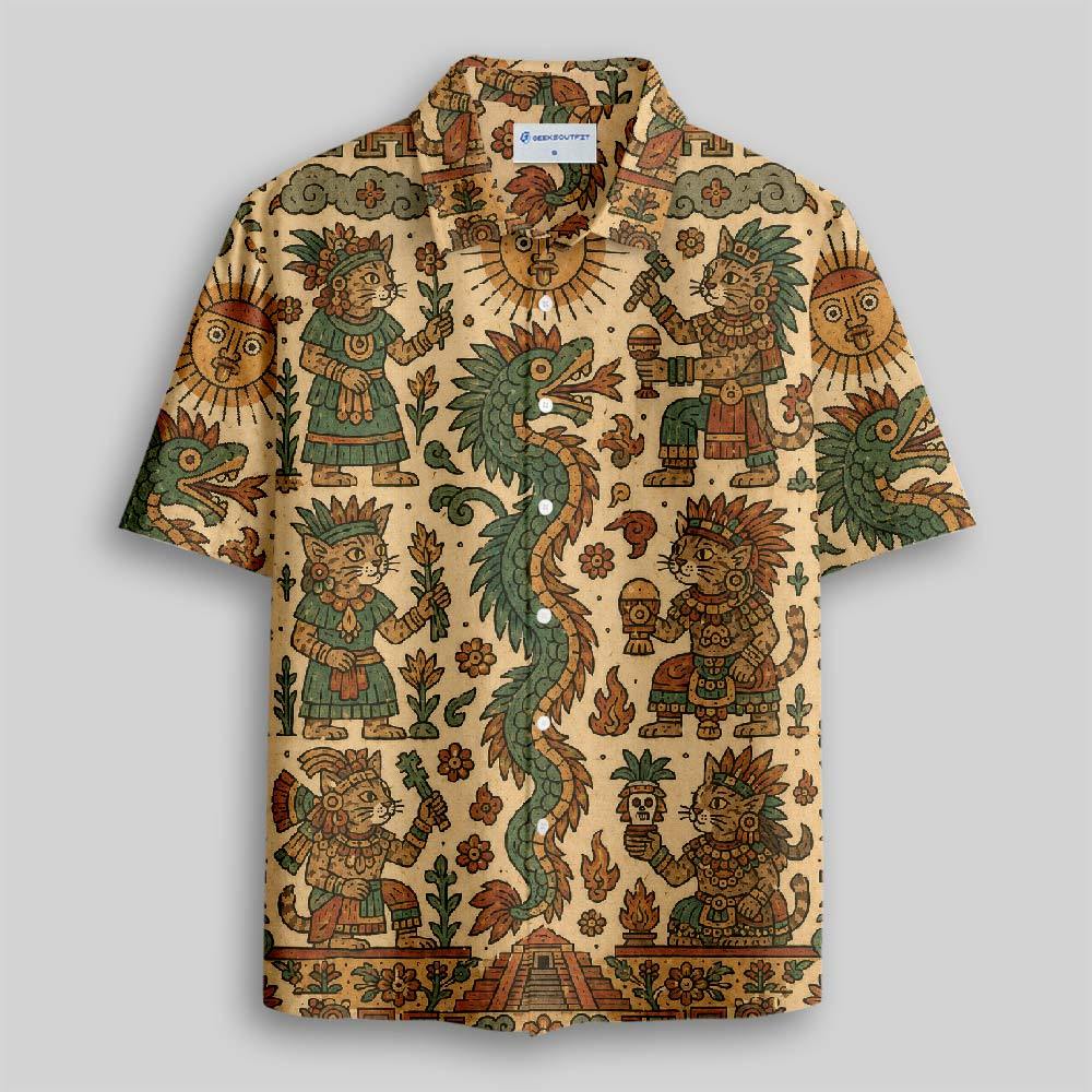 Feathered Serpent Cat Codex Button Up Pocket Shirt