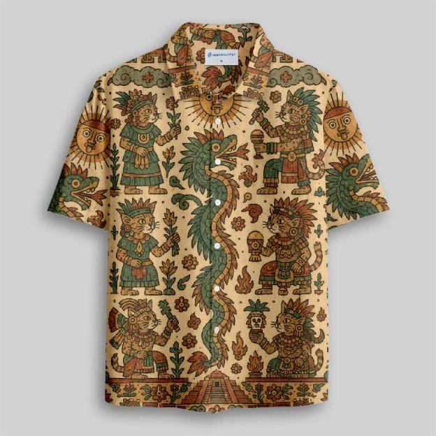 Feathered Serpent Cat Codex Button Up Pocket Shirt