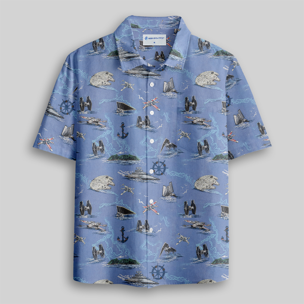 Space Fighter Starship Tropical Button Up Pocket Shirt