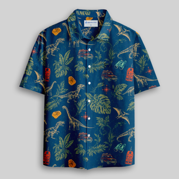 Rainforest Dino Trek Vacation Resort Button Up Pocket Shirt