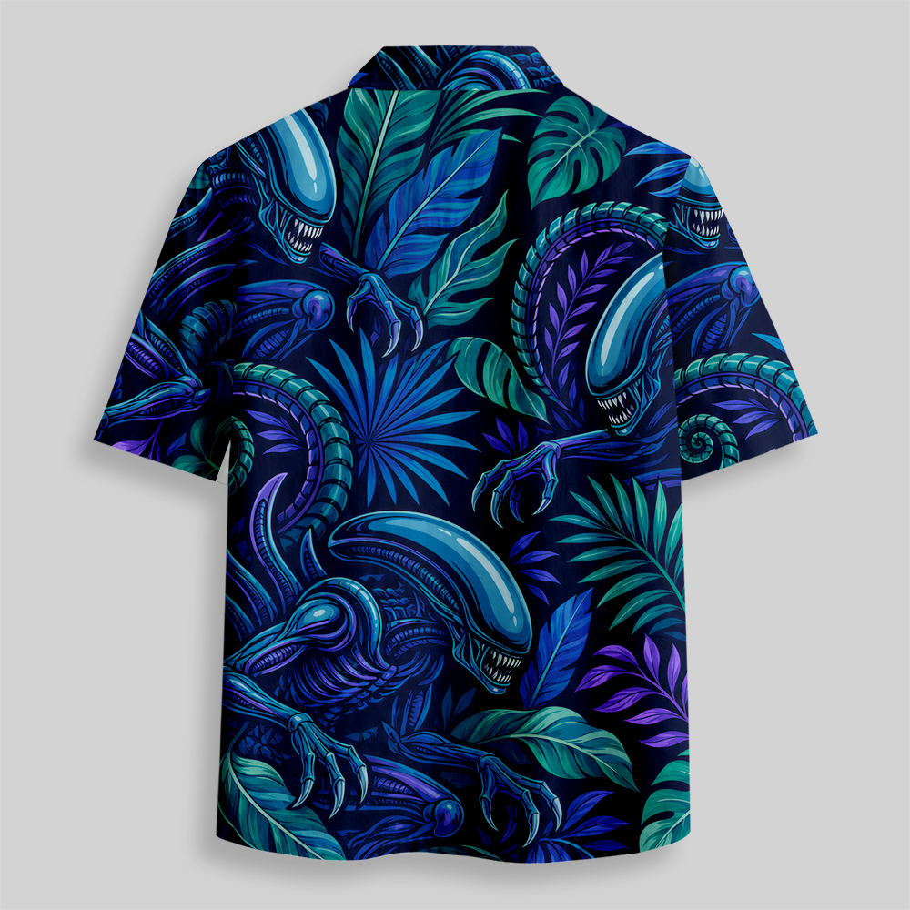 Retro Sci-Fi Void Predator Tropical Button Up Pocket Shirt