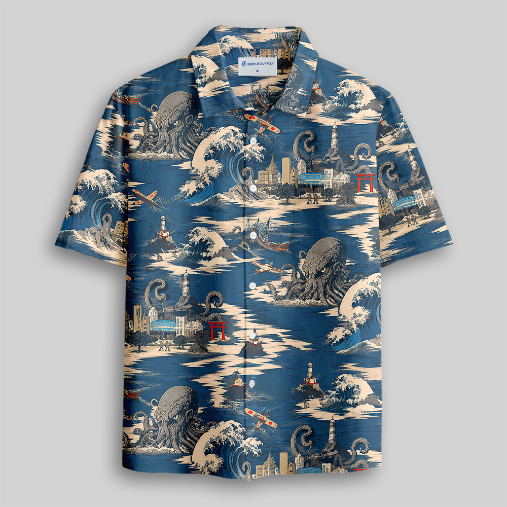 Cosmic Tentacle Beast Vintage Coastal Button Up Pocket Shirt