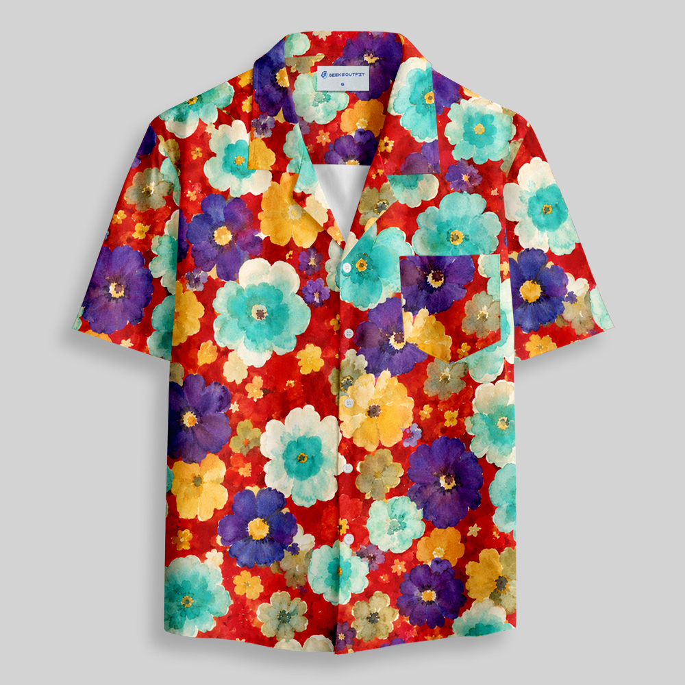Ponchito Floral Style Short Sleeve Shirt Retro Button Up Pocket Shirt