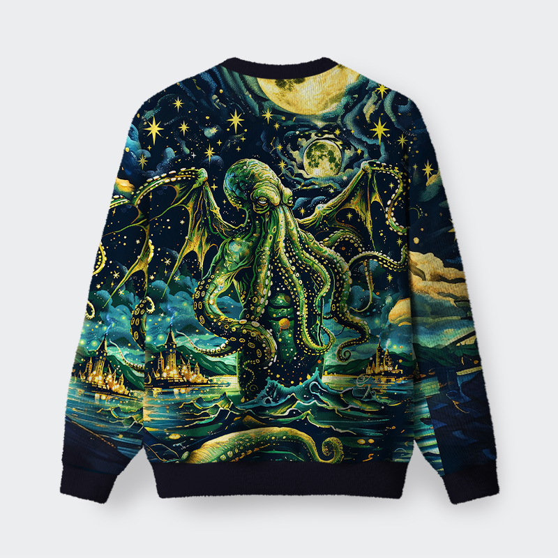 Cthulhu Starry Night Oil Painting Fuzzy Fleece Sweatshirt