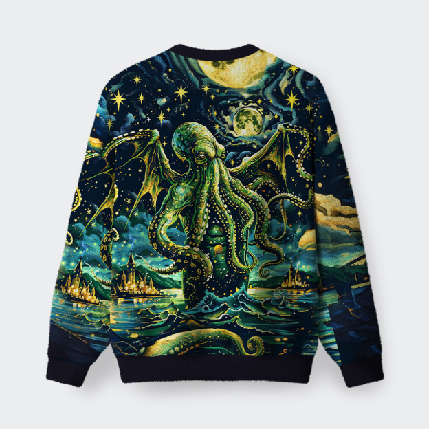 Cthulhu Starry Night Oil Painting Fuzzy Fleece Sweatshirt