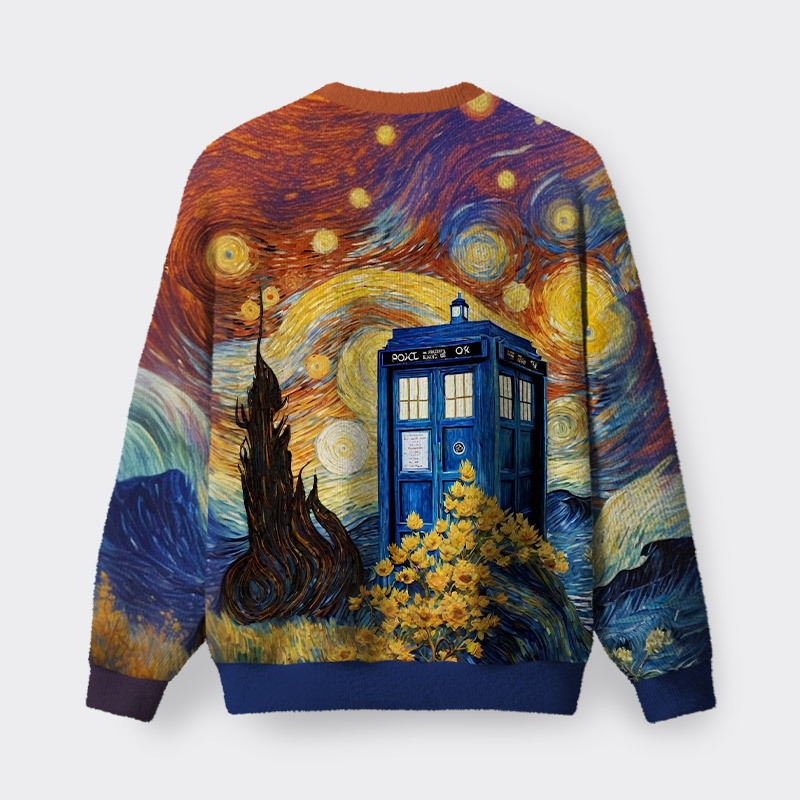 Tardis Time Travel Van Gogh Oil Painting Fuzzy Fleece Sweatshirt