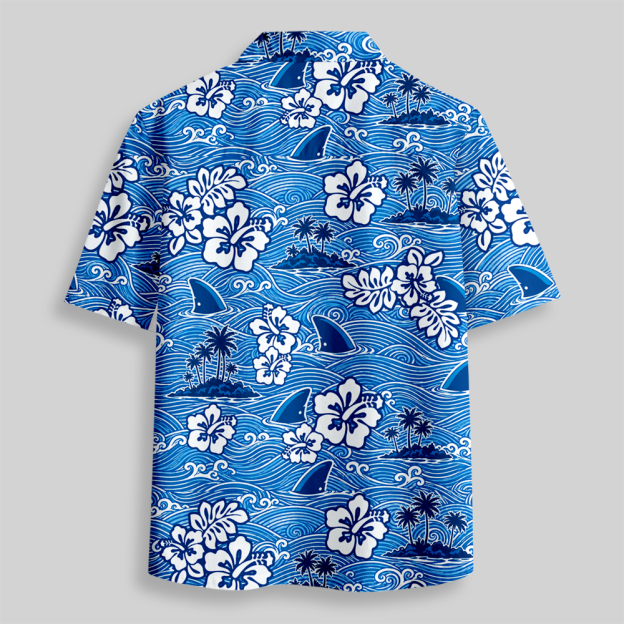 Blue Ocean Wave Hibiscus Tropical Button Up Pocket Shirt