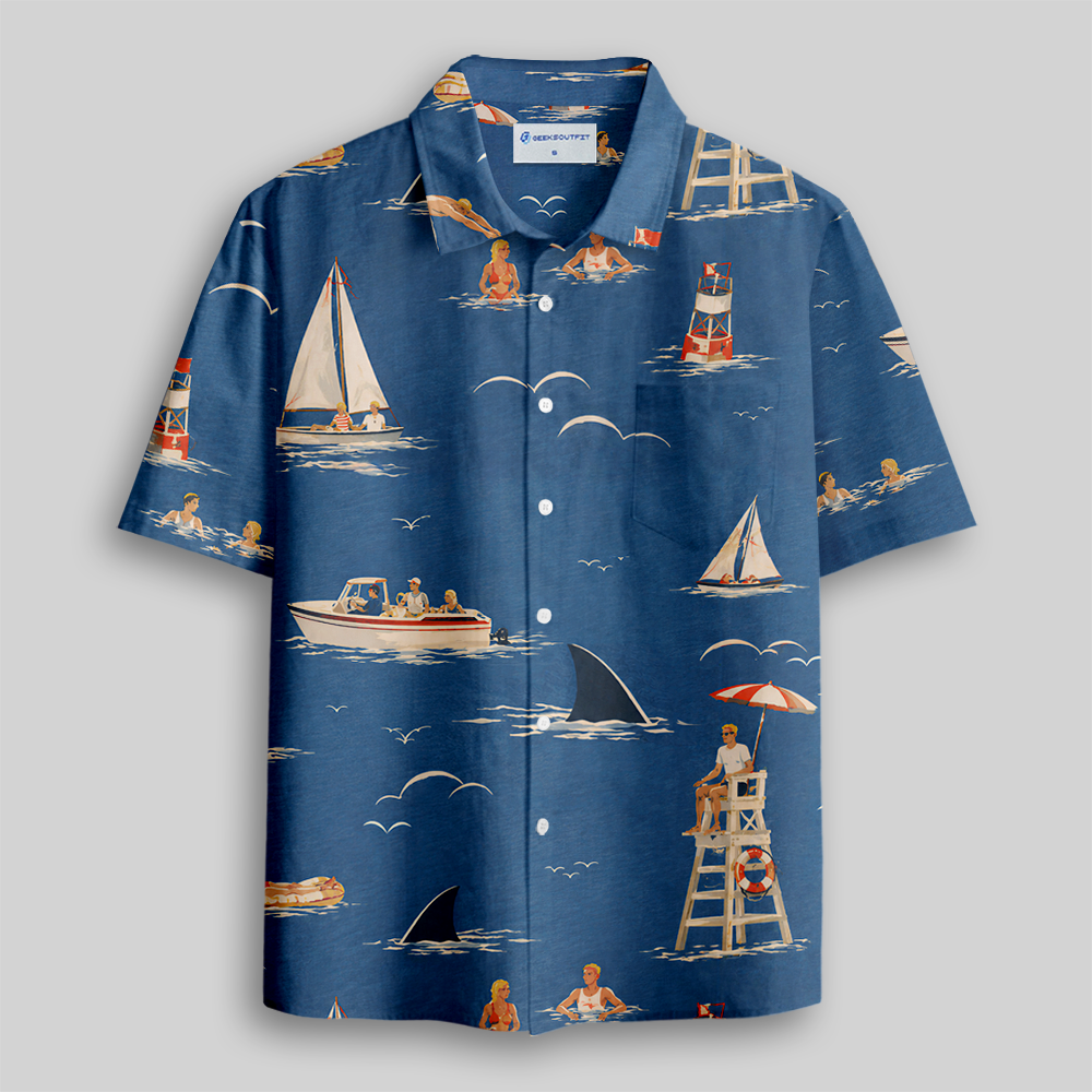 Dark Humor Retro Seaside Hidden Shark Button Up Pocket Shirt