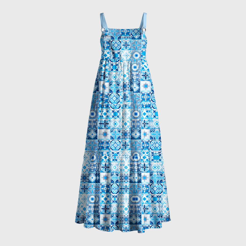 Portuguese Retro Tile Pattern Geek Tiered Cami Maxi Dress