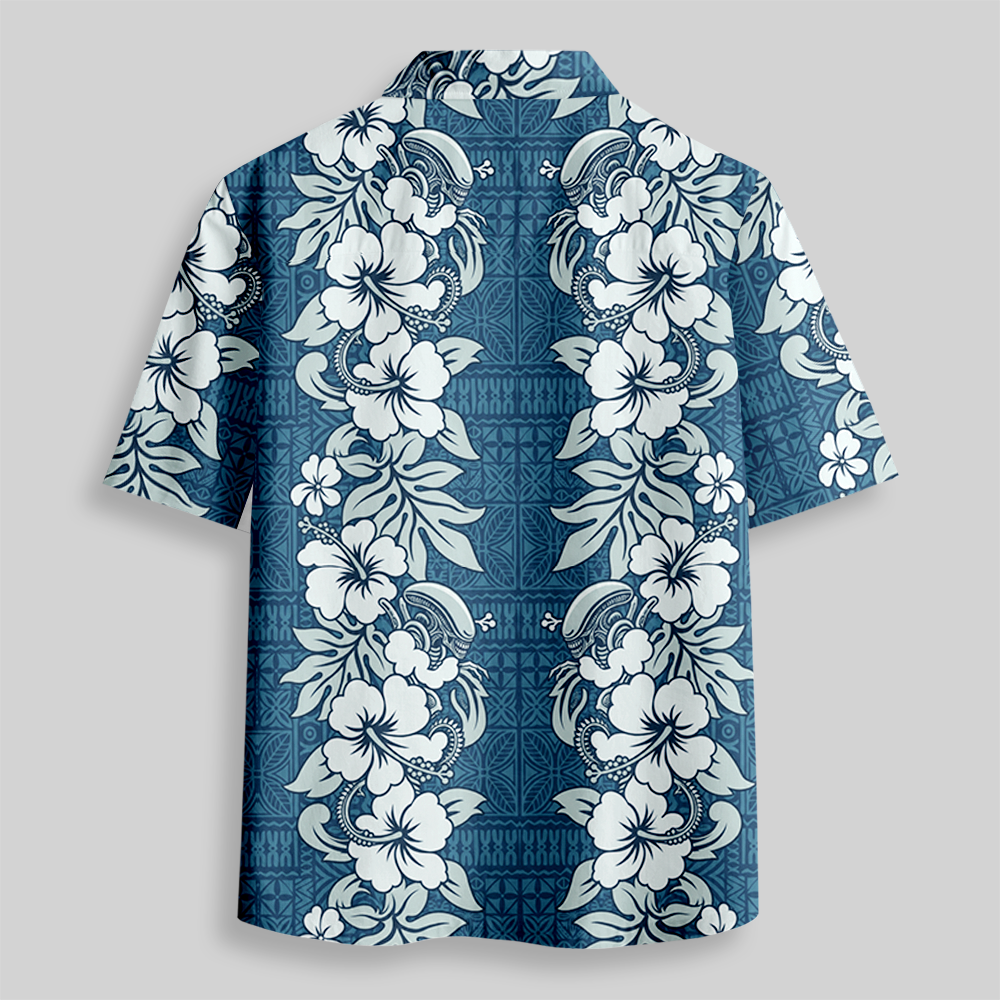 Ocean Blue Sci-Fi Tropical Floral Tribal Print Button Up Pocket Shirt