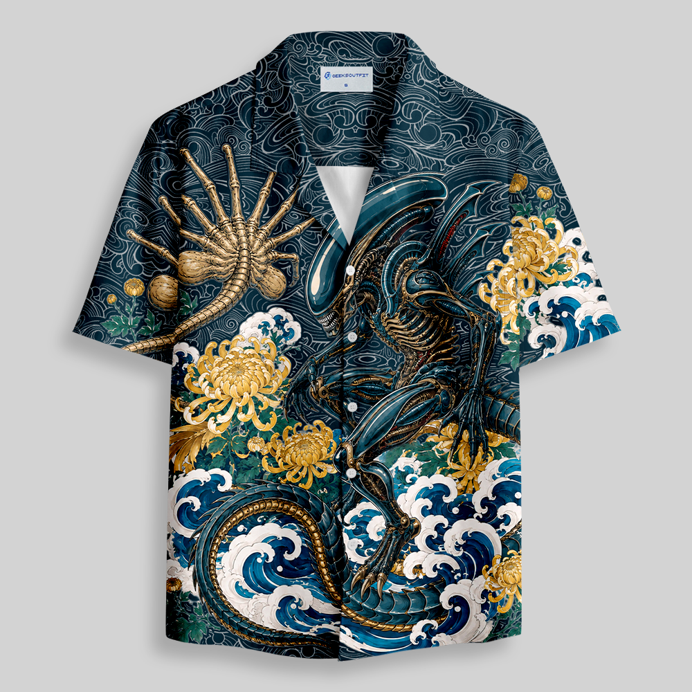 [Copy]Ocean Blue Sci-Fi Tropical Floral Tribal Print Button Up Pocket Shirt