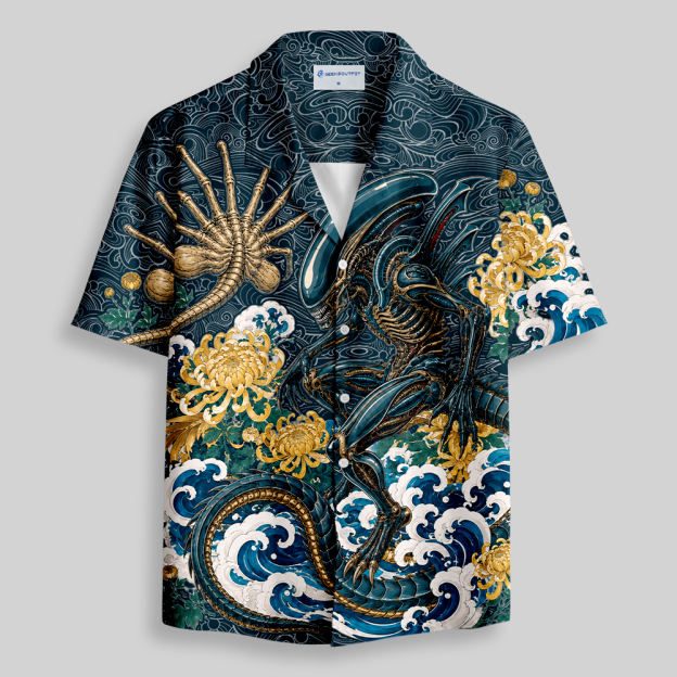 [Copy]Ocean Blue Sci-Fi Tropical Floral Tribal Print Button Up Pocket Shirt