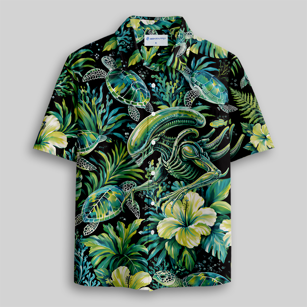 Underwater Jungle Sci-Fi Beast Sea Turtle Floral Button Up Pocket Shirt