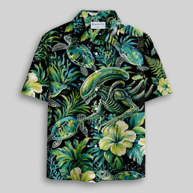 Underwater Jungle Sci-Fi Beast Sea Turtle Floral Button Up Pocket Shirt
