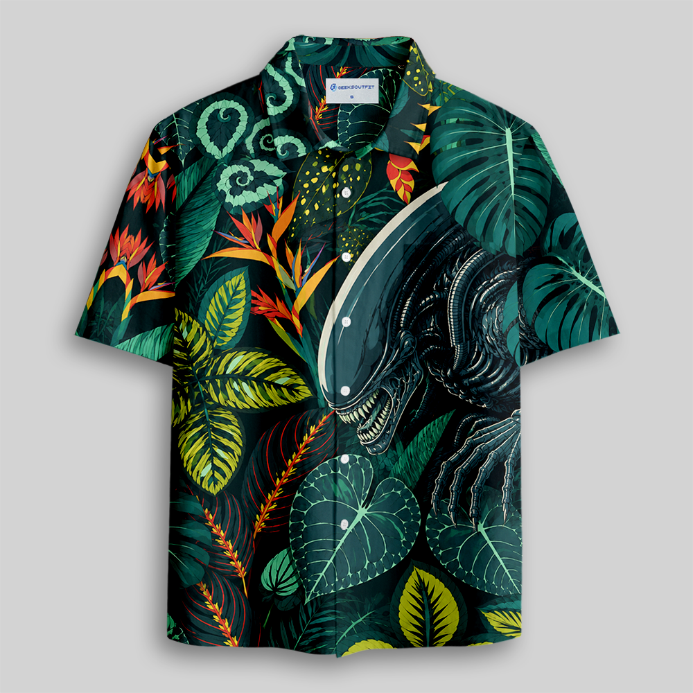 Tropical Leaf Sci-Fi Beast Rainforest Button Up Pocket Shirt