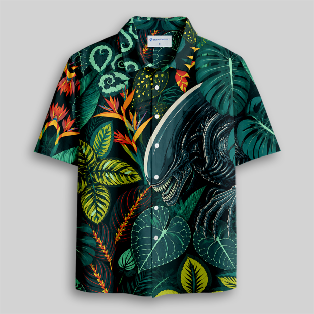 Tropical Leaf Sci-Fi Beast Rainforest Button Up Pocket Shirt