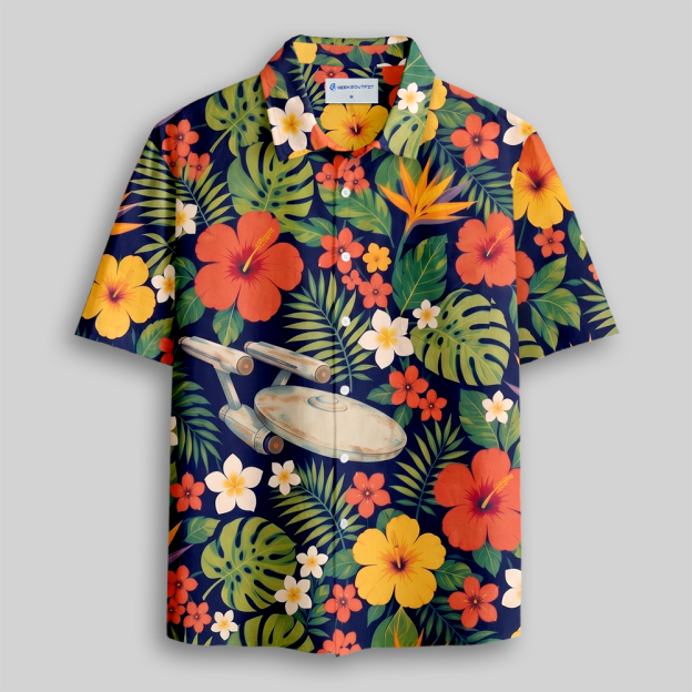 Alien Vacation Flying Saucer Tropical Button Up Pocket Shirt