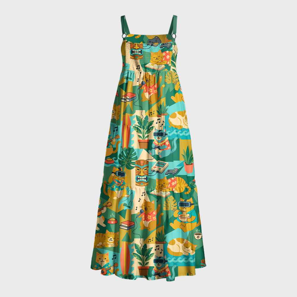 Meow-Laxing Lazy Cat Geek Tiered Cami Maxi Dress