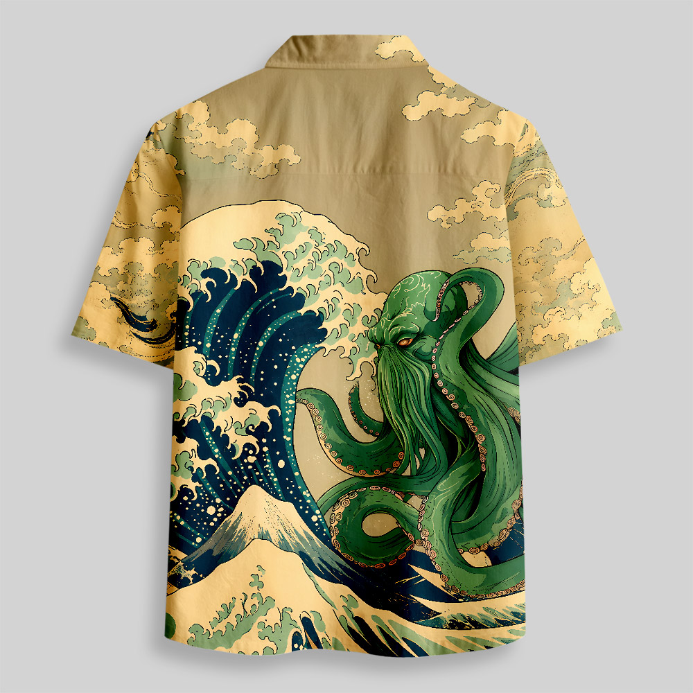 Ukiyoe Waves Cthulhu Button Up Pocket Shirt
