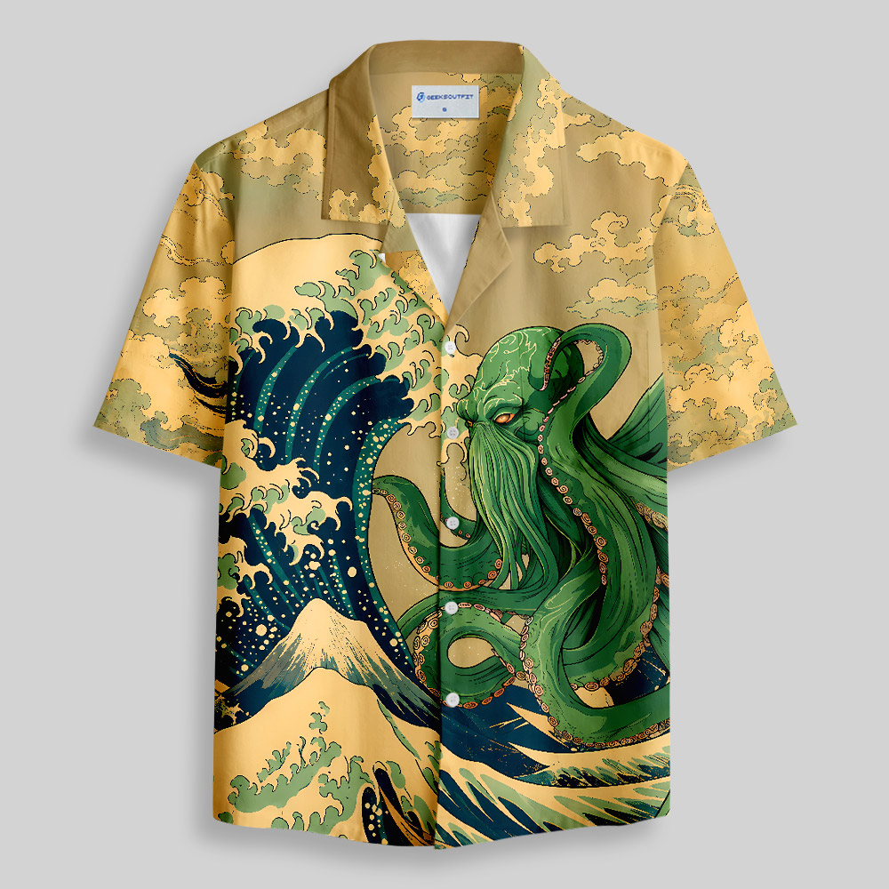 Ukiyoe Waves Cthulhu Button Up Pocket Shirt