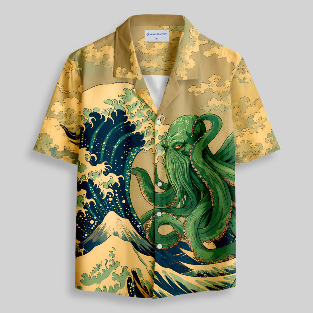 Ukiyoe Waves Cthulhu Button Up Pocket Shirt