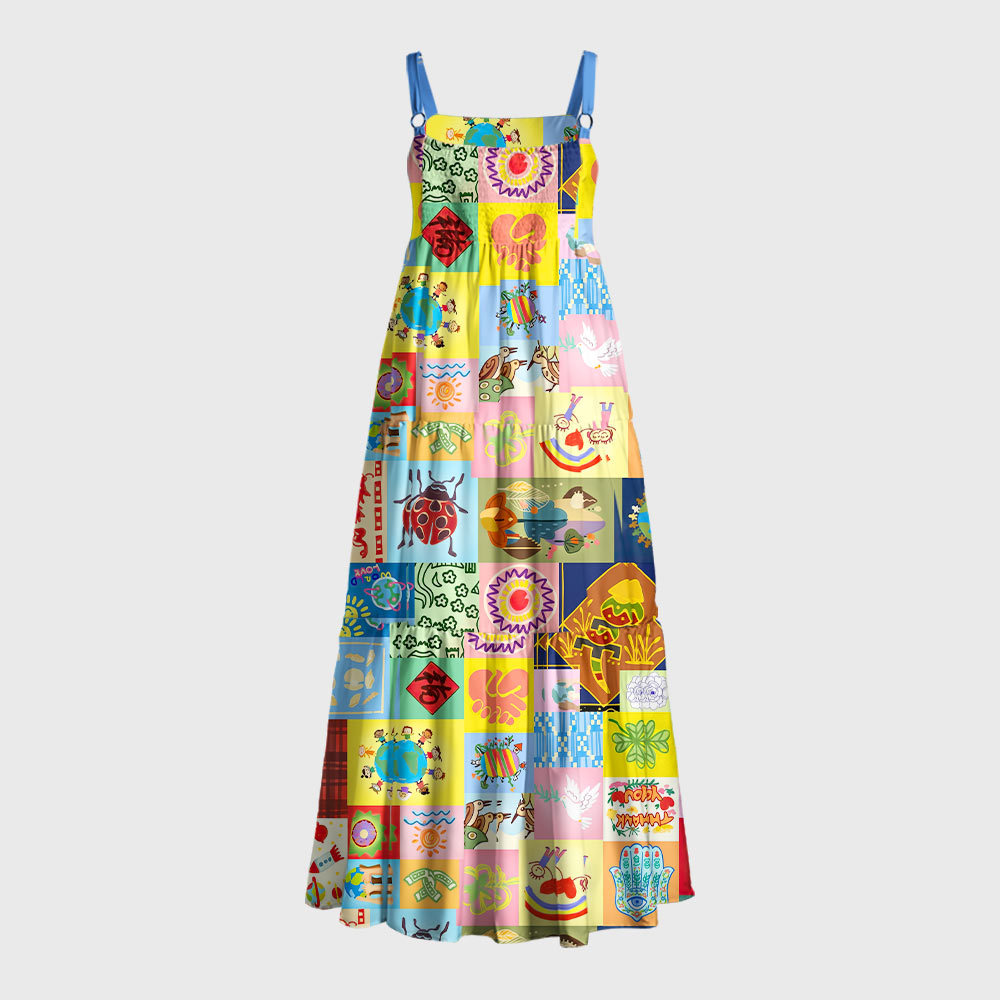Global Folk Lucky Patchwork Collage Geek Tiered Cami Maxi Dress