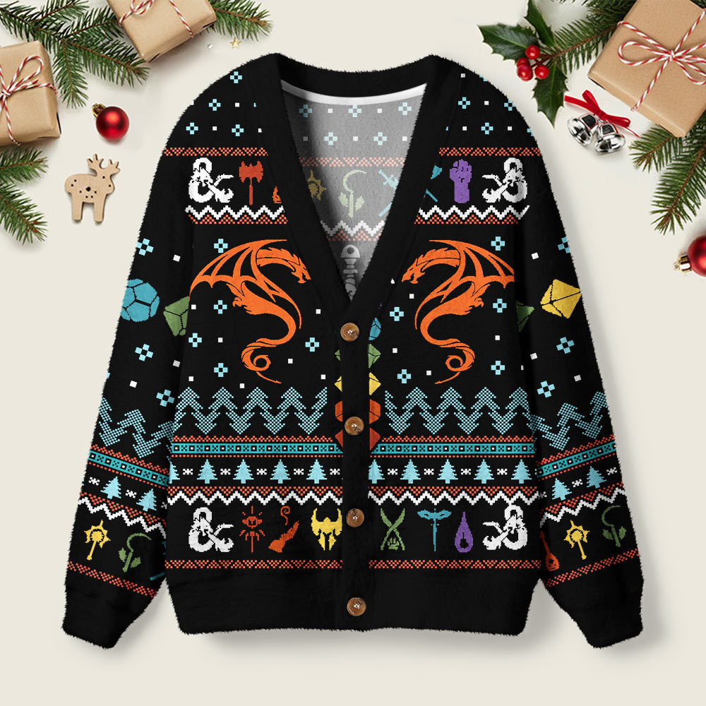 Geeksoutfit DND Dragon Dice Weapon Black Geek Ugly Cardigan Sweaters  for Sale