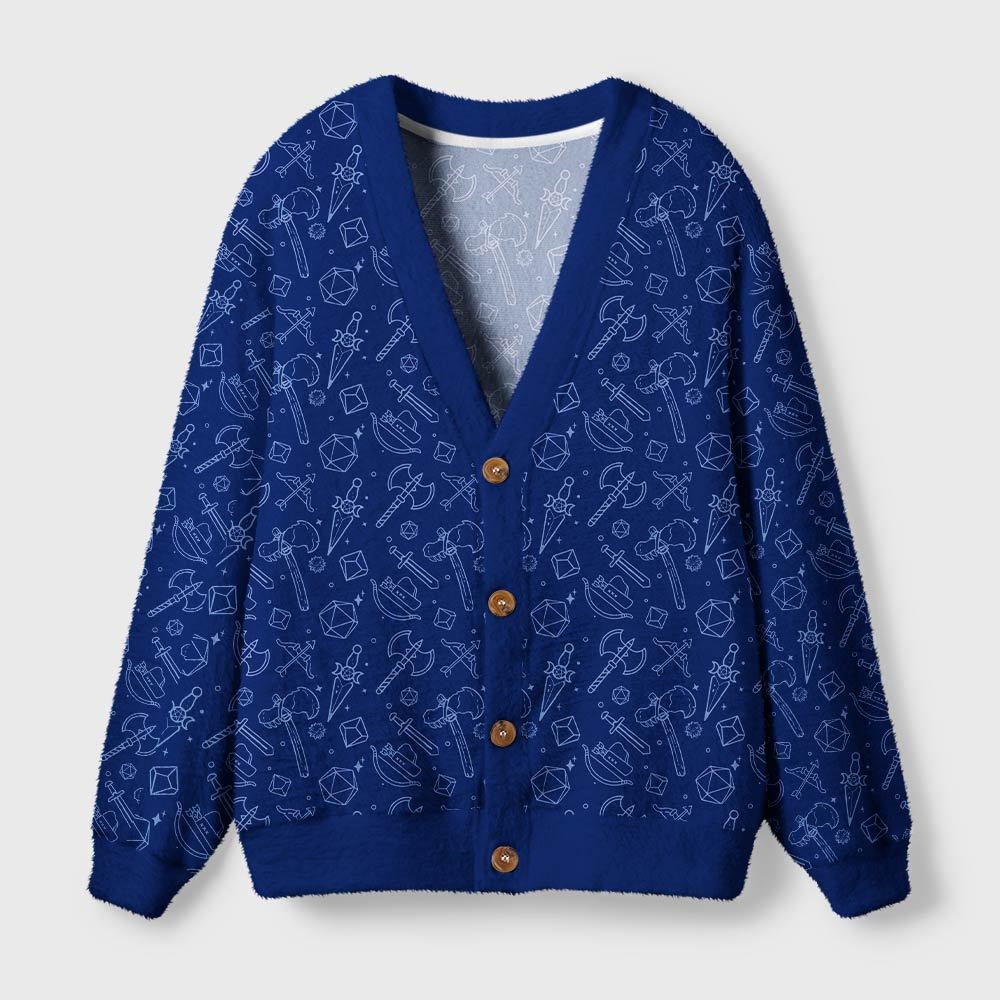 Geeksoutfit Scifi Medieval Weapons Blue Geek Ugly Cardigan Sweaters  for Sale