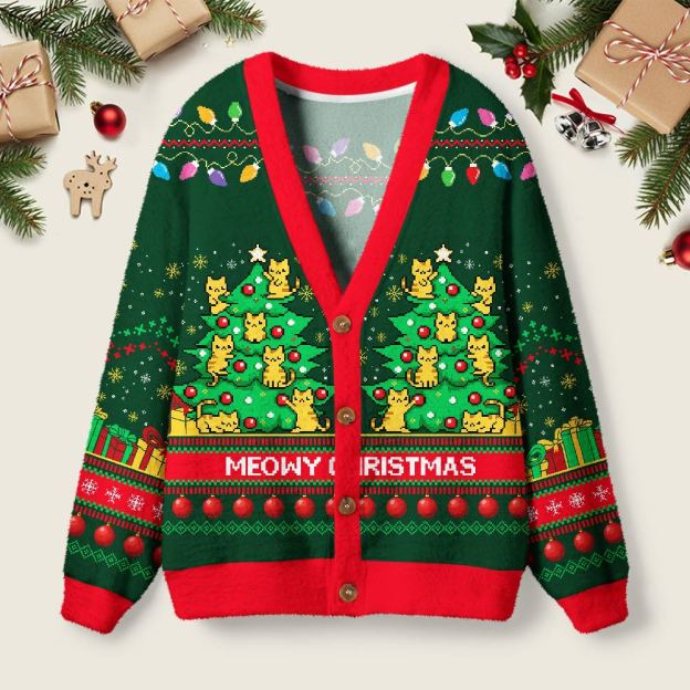 Meowy Christmas Geek Ugly Cardigan Sweaters
