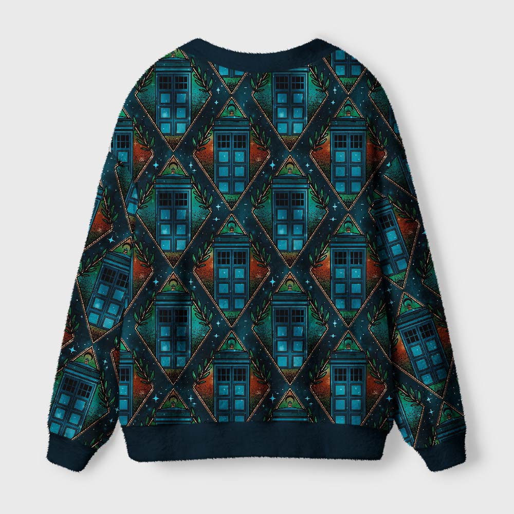 Mysterious Phone Booth Diamond Grid Geek Ugly Cardigan Sweaters