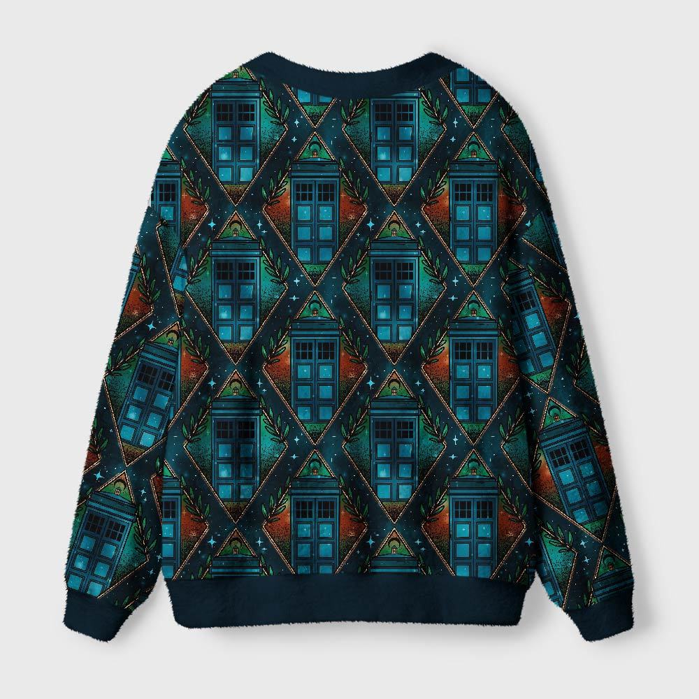 Mysterious Phone Booth Diamond Grid Geek Ugly Cardigan Sweaters