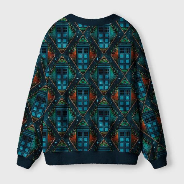 Mysterious Phone Booth Diamond Grid Geek Ugly Cardigan Sweaters