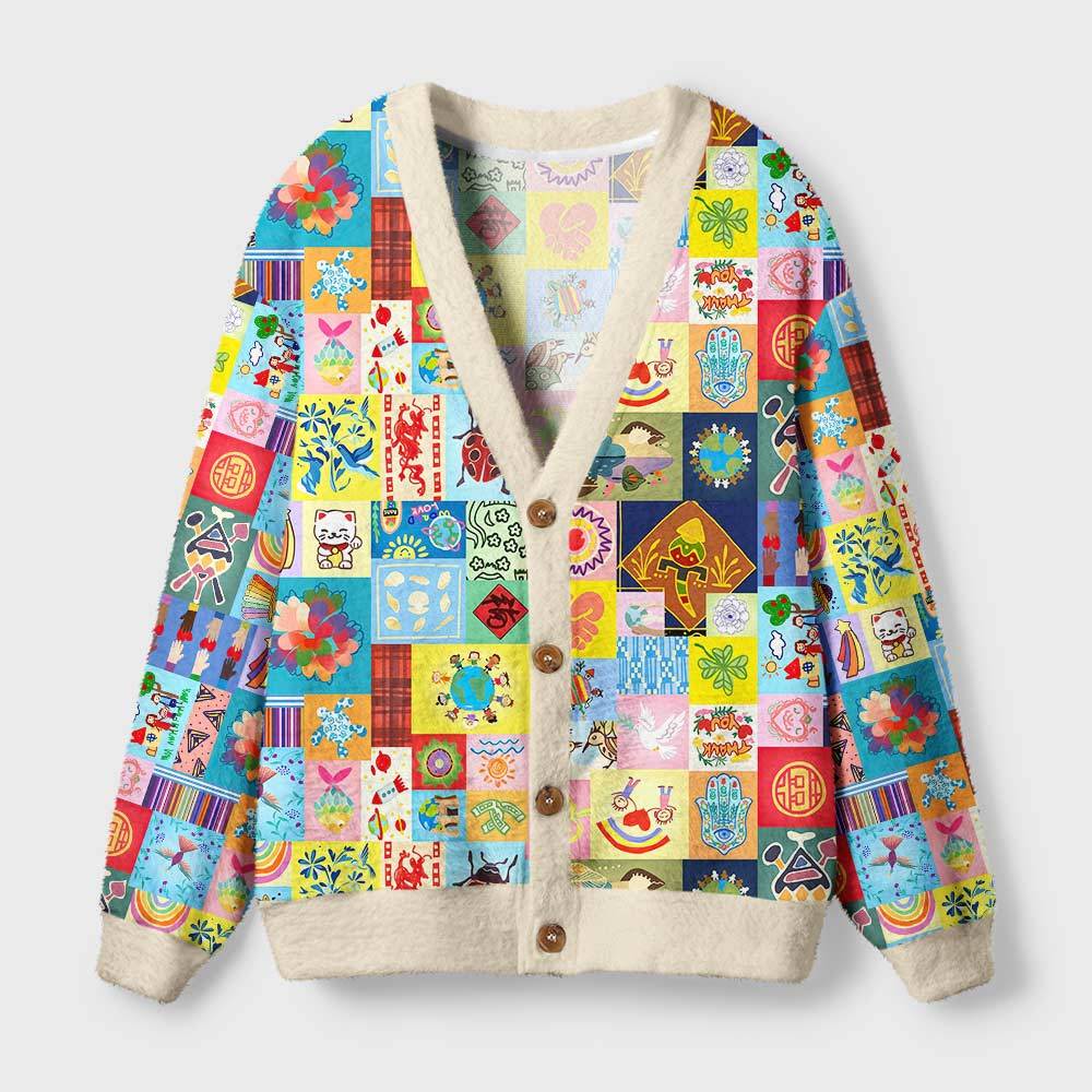Geeksoutfit Global Folk Lucky Patchwork Collage Geek Ugly Cardigan Sweaters for Sale
