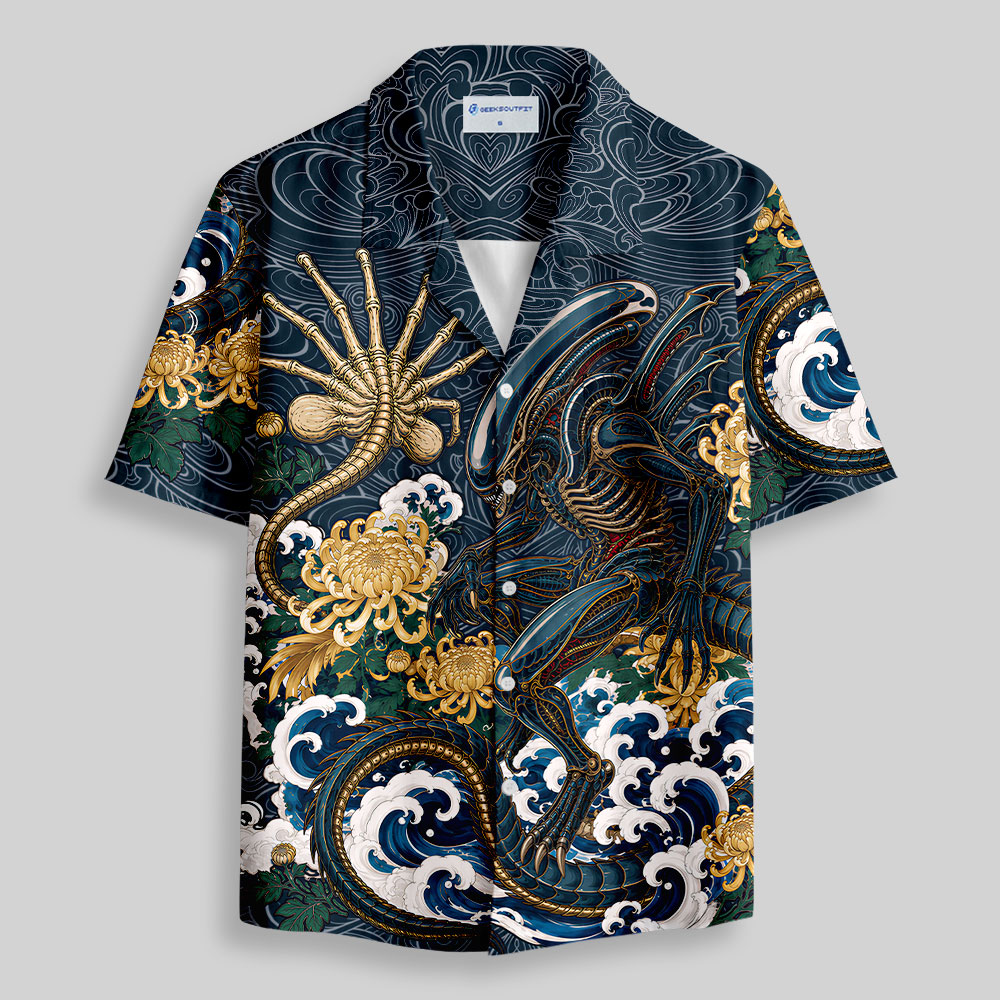 Japanese Wave Alien Beast Chrysanthemum Button Up Pocket Shirt