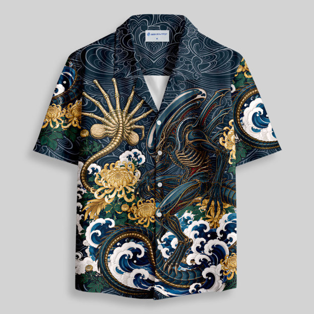 Japanese Wave Alien Beast Chrysanthemum Button Up Pocket Shirt