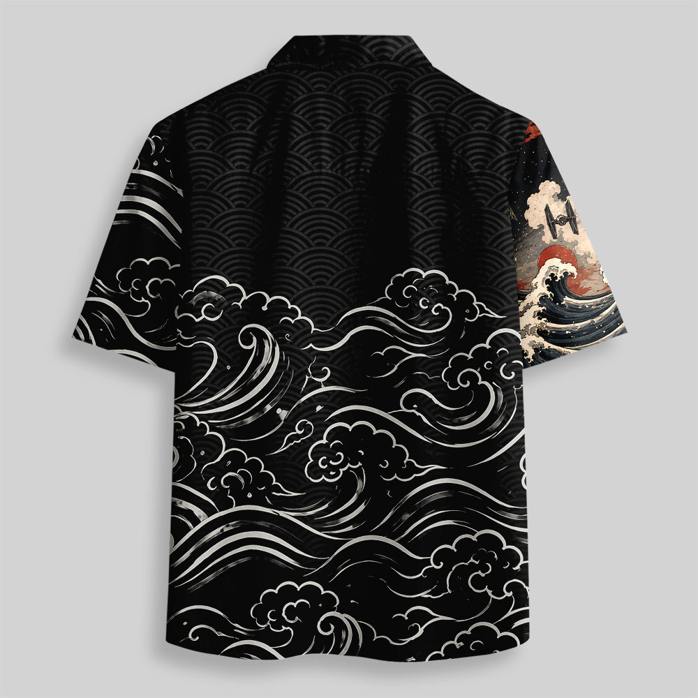 Vintage Ukiyo-e Samurai Cat Laser Sword Button Up Pocket Shirt