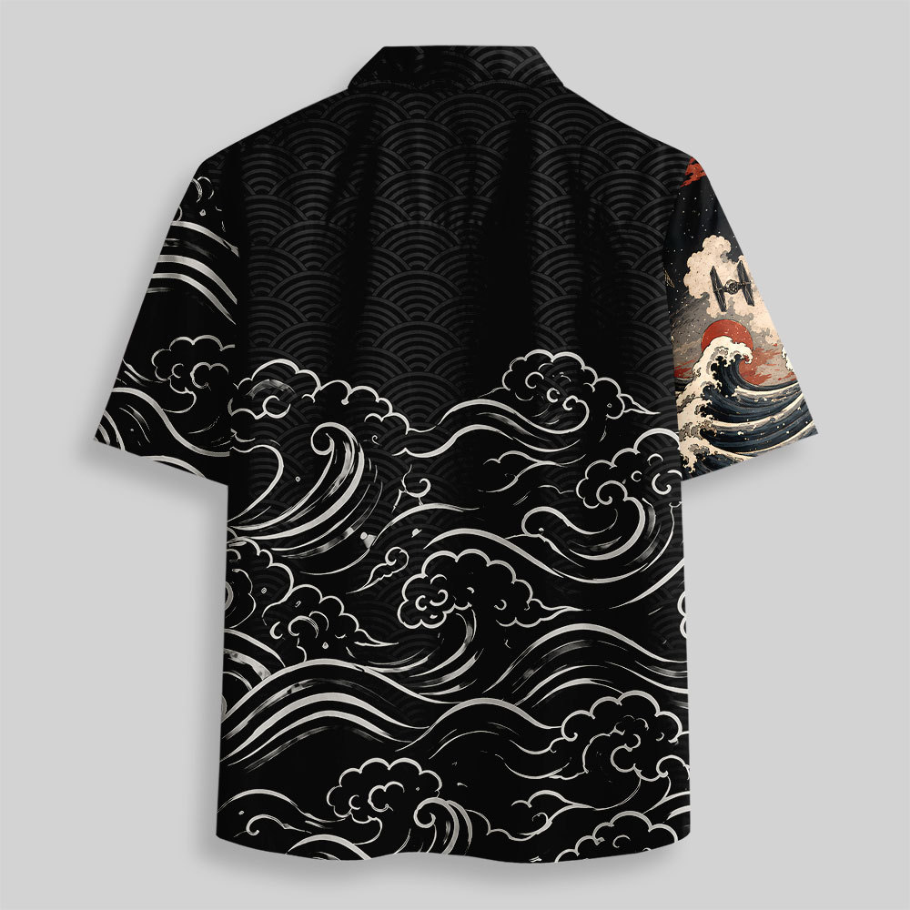 Vintage Ukiyo-e Samurai Cat Laser Sword Button Up Pocket Shirt