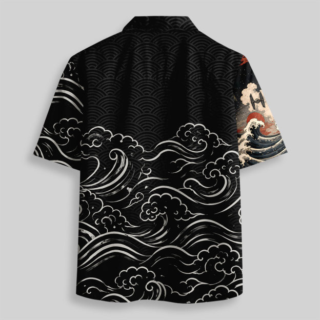Vintage Ukiyo-e Samurai Cat Laser Sword Button Up Pocket Shirt