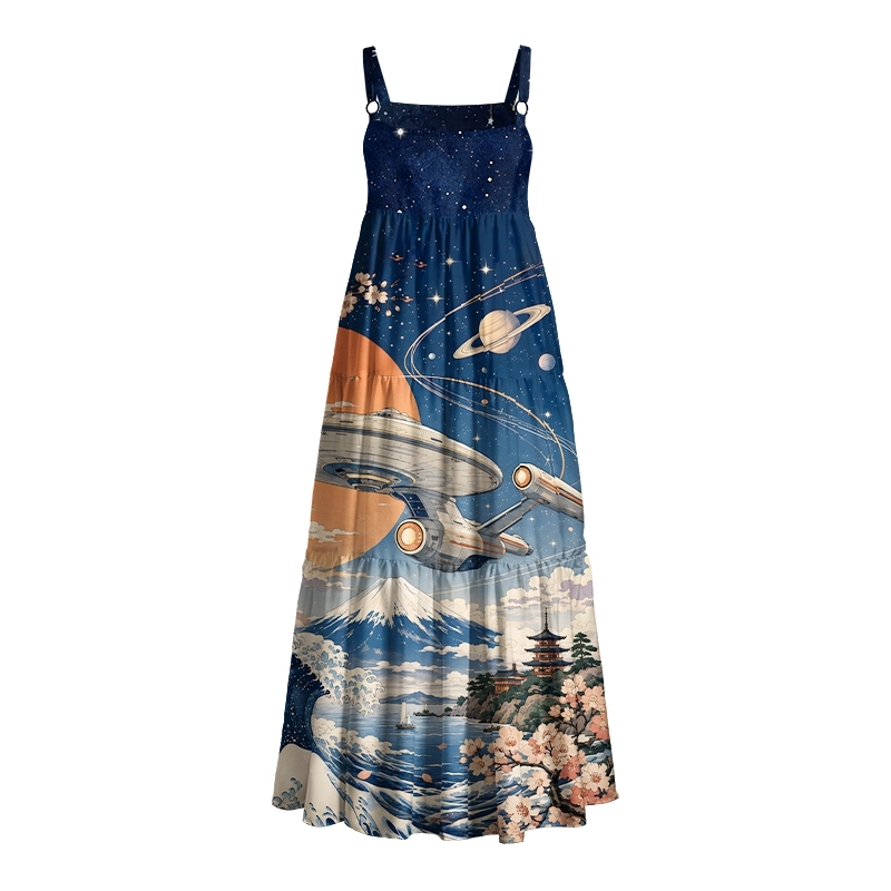 Great Wave Mount Fuji Space Starship Geek Tiered Cami Maxi Dress