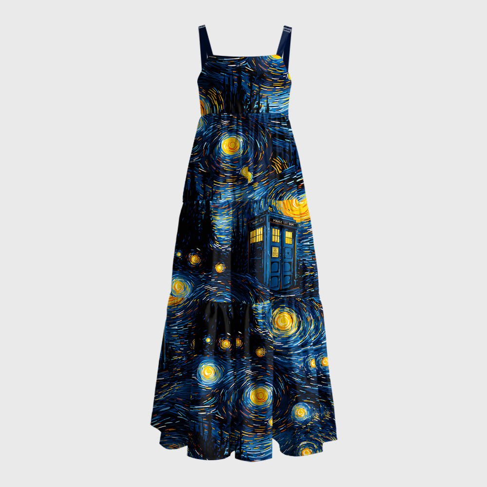Starry Night Phone Booth Geek Tiered Cami Maxi Dress