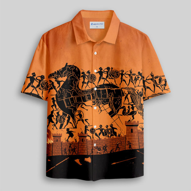 The Trojan Horse Epic War Cuban Button Up Pocket Shirt