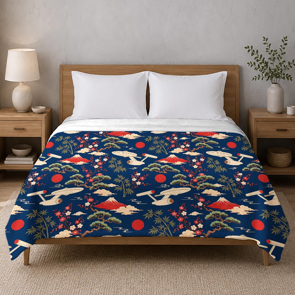 Sci-Fi Spaceship Ukiyo-e Style Flannel Throw Blanket 