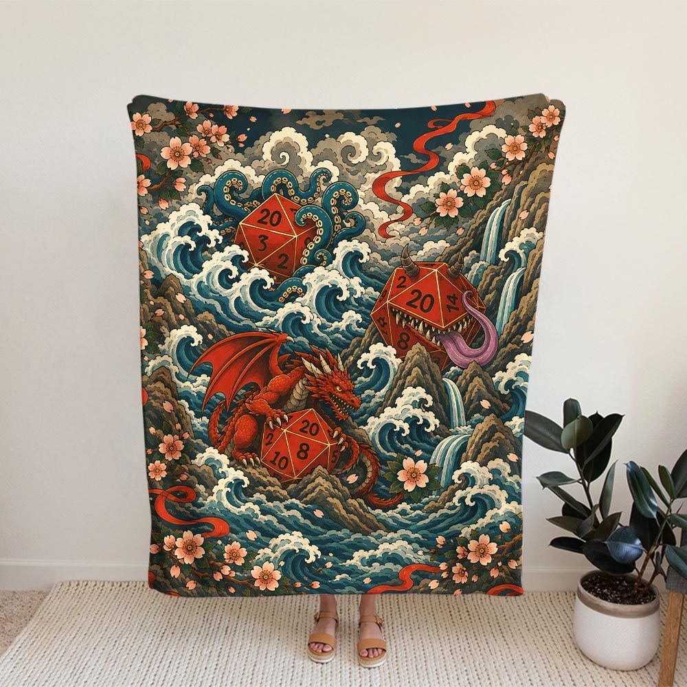 Ukiyo-e D20 Dragon Flannel Throw Blanket 