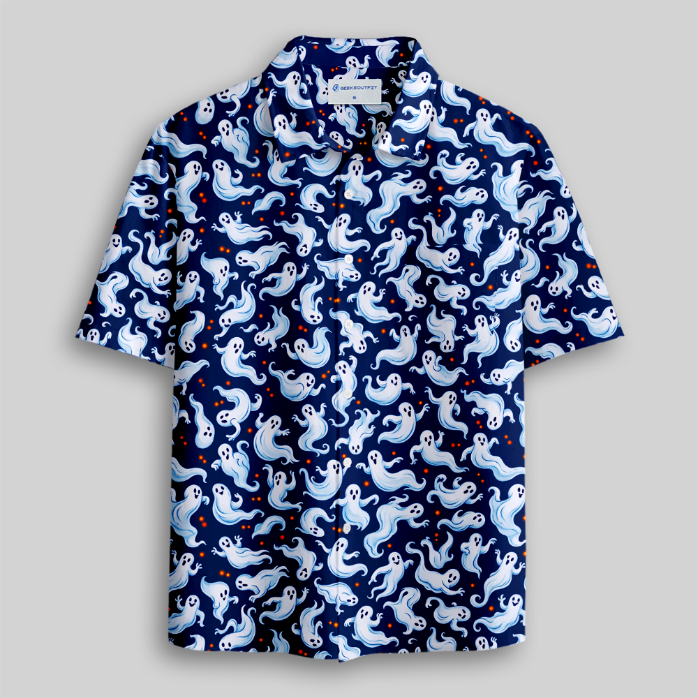 Playful Cartoon Ghosts Seamless AOP Button Up Pocket Shirt