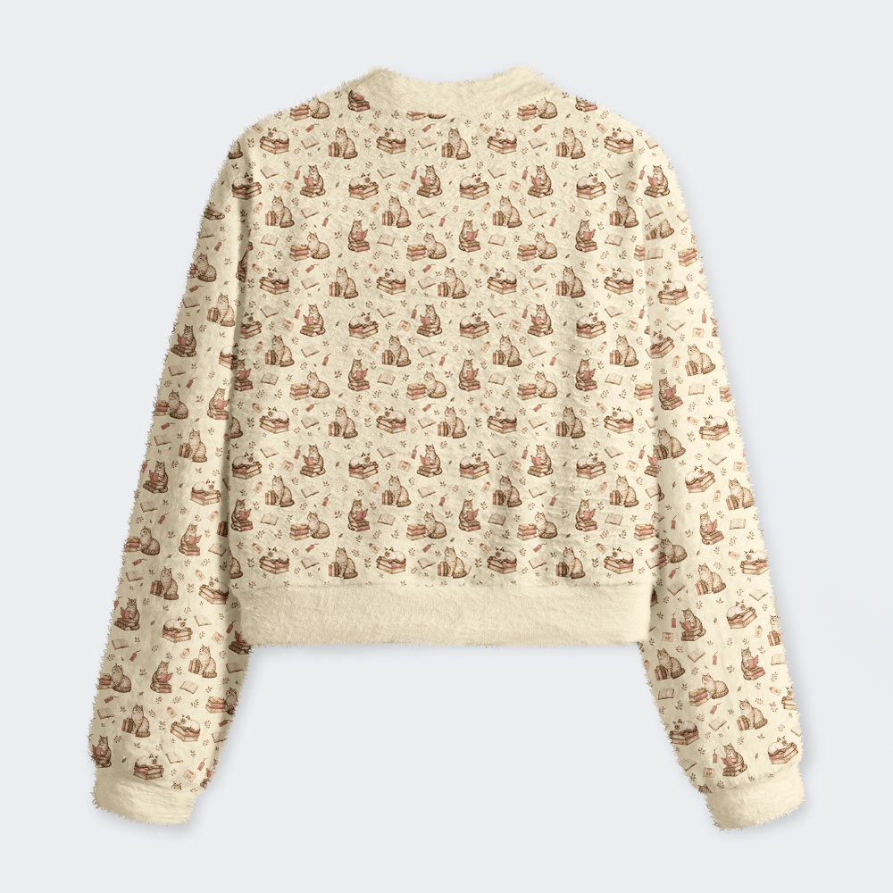 The Bookish Cat Library Geek Women's Fuzzy Fleece Cropped Sweater