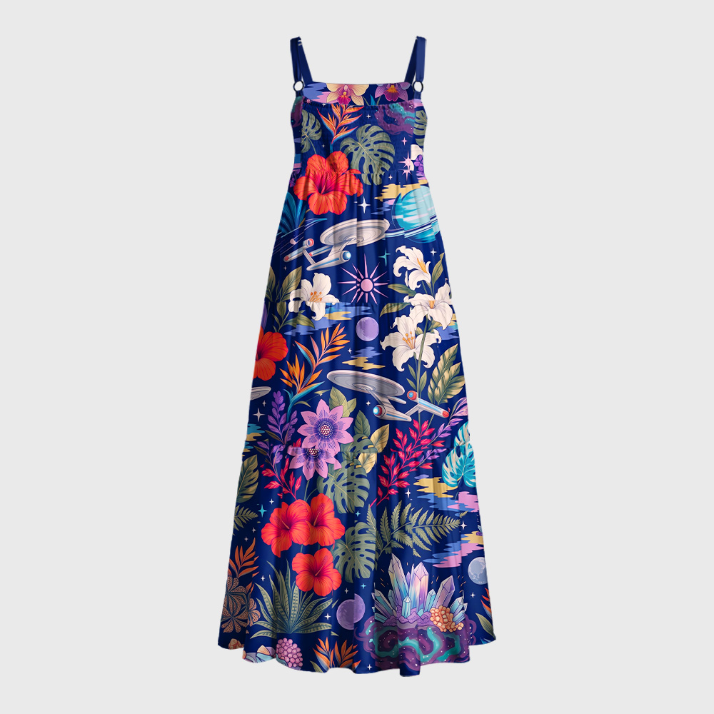 Tropical Floral Outer Space Planets Geek Tiered Cami Maxi Dress